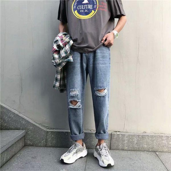 

men's jeans mens summer fashion casual loose staright denim pants cotton solid hole trousers european size 3xl1, Blue