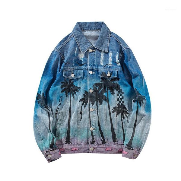 

sokotoo men's colored coconut palm printed ripped jean jacket trendy tie dyed holes streetwear denim coat hip hop outerwear1, Black;brown