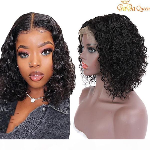 

peruvian human hair 13x4 lace front wigs wet and wavy water wave natural color curly bob lace wigs, Black;brown