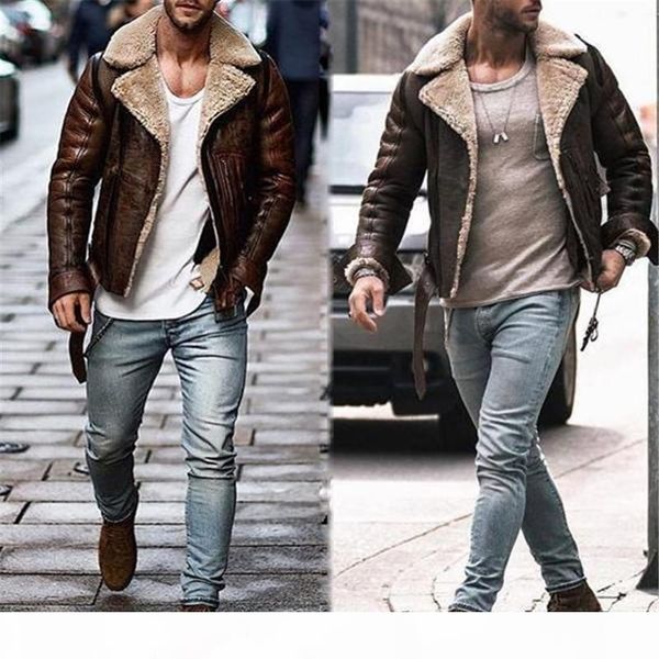 

mens winter faux leather jackets fashion lapel neck fleece coats mens street style long sleeved thick jacket, Black