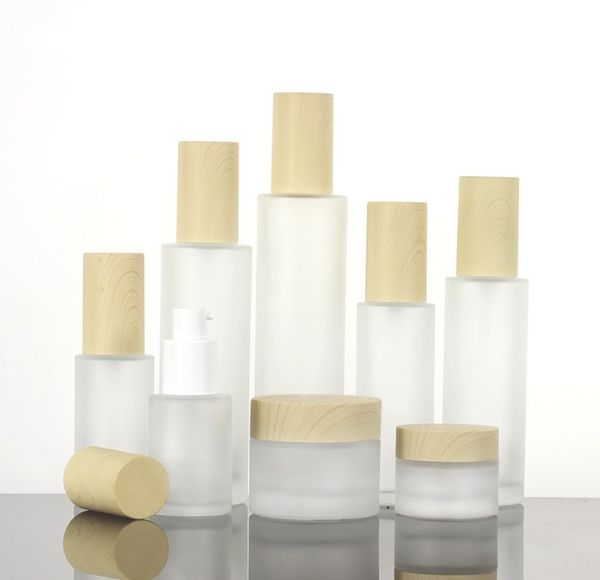 

30ml 40ml 60ml 80ml 100ml frosted glass cosmetic cream jar bottle face pot lotion pump bottle with plastic imitation bamboo lids