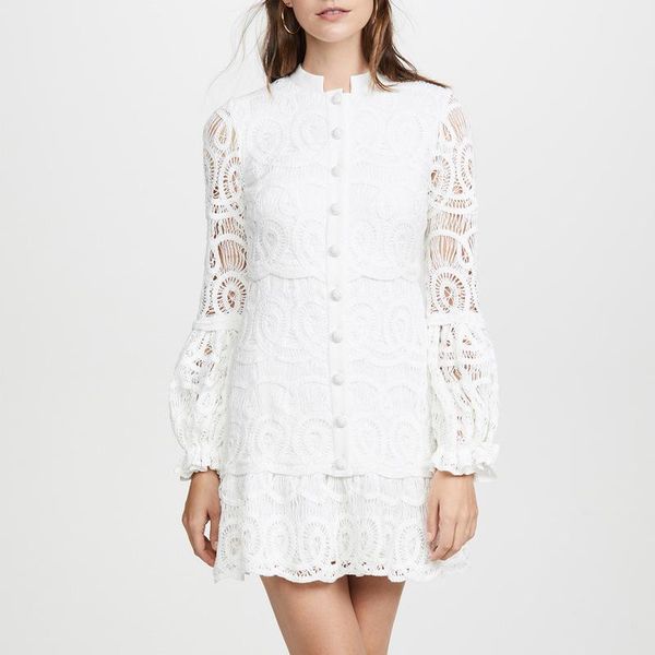 

spring 2021 new lace embroidered ruffles single breasted dress lantern sleeve hollowed out splicing short dress cc45, Black;gray