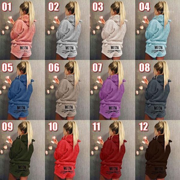 

hats, scarves & gloves sets women coral velvet suit two piece autumn winter pajamas warm sleepwear cute cat meow pattern hoodies shorts sets, Blue;gray
