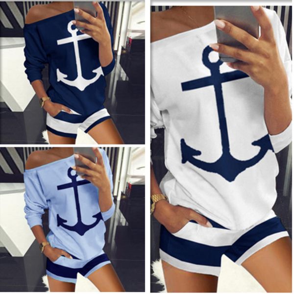 

9572#2020 women's t-shirt + shorts set navy anchor print 2-piece set, White