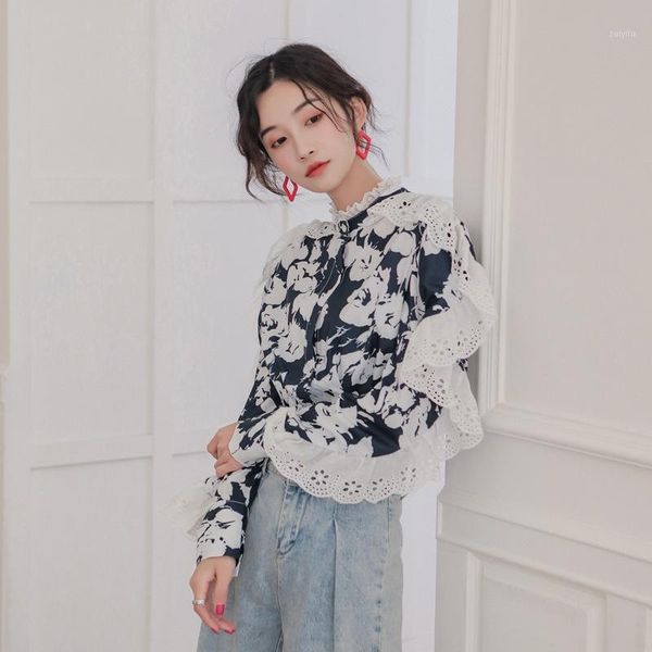 

blouse polyester cotton regular rushed women blusa 2020 shirt loose women design print spring new sleeve bat1, White