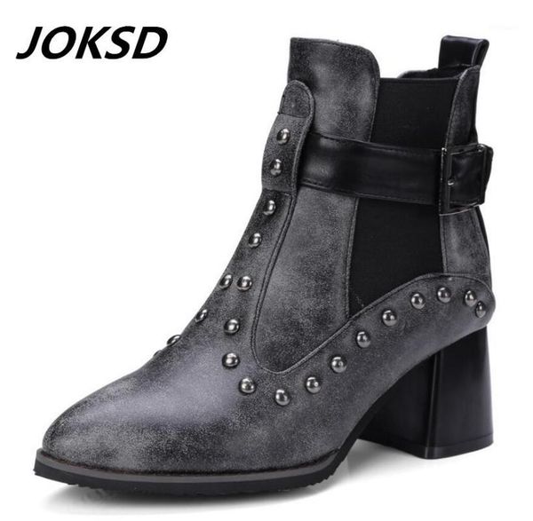

joksd women shoes slip-on retro ankle boot fashion black boots women spring autumn soft leather platform rivet shoes l1871