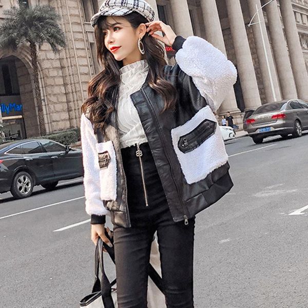 

women's fur & faux 2021 autumn winter fashion plus imitation lamb wool stitching woman coat short casual jacket loose warm outwear park, Black
