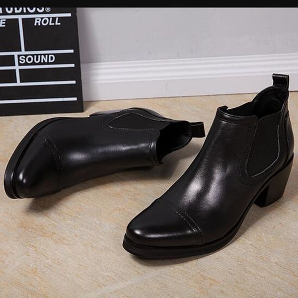 

2020 autumn winter high-heeled shoes genuine leather round-foot toe zip men's cowboy boots wafn, Black
