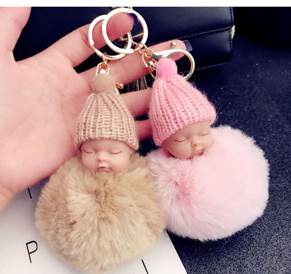

pompom doll fashion baby parts keychain cute sleeping rabbit fur ball chain car keyring women key holder bag pendant cha, Silver