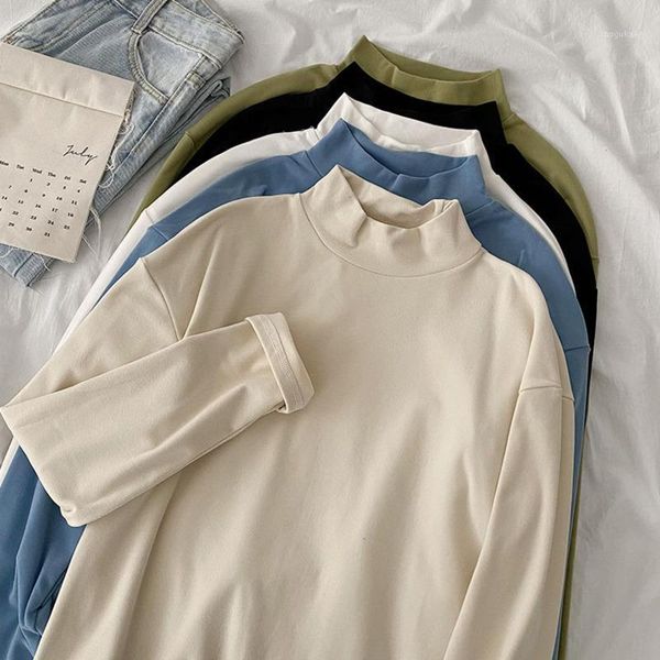 

simple fashion t-shirt women casual high collar long sleeve loose korean style pullover female green blue apricot 1, White