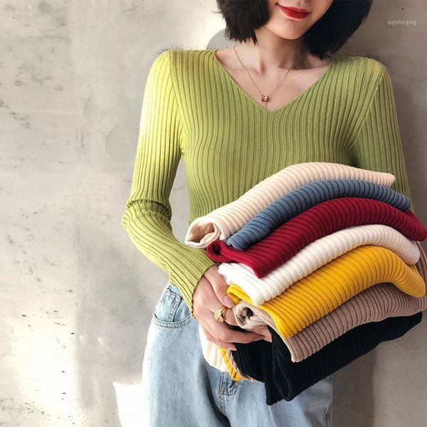

women sweaters 2020 spring knitted v neck casual soft jumper fashion slim femme elasticity pullovers knitwear avocado green1, White;black