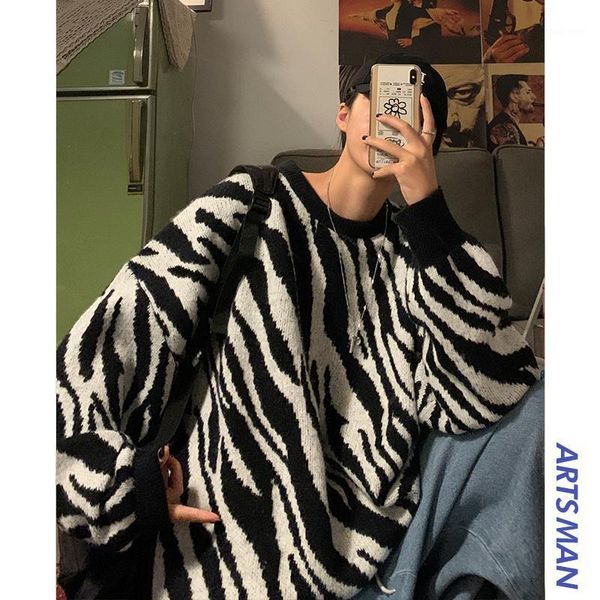

autumn and winter sweater loose korean fashion zebra striped round neck sweater hong kong style1, White;black
