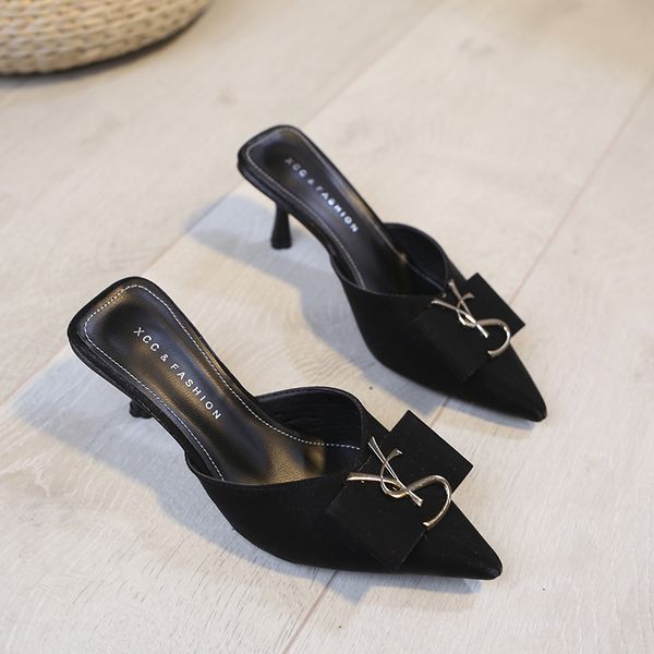 

spring high heel slippers pointed toe high heel sandals fashion woman shoes sandalias 2020 summer shoes for women fine heel, Black