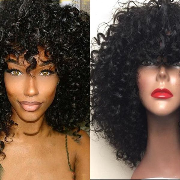 

curly lace front human hair wigs pre plucked remy hair with bangs, Black;brown