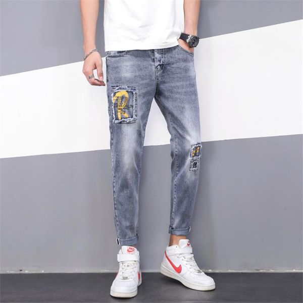 

men's jeans brand 2021 stylish design men korean cotton youth casual ankle-length pants skinny male denim harem, Blue