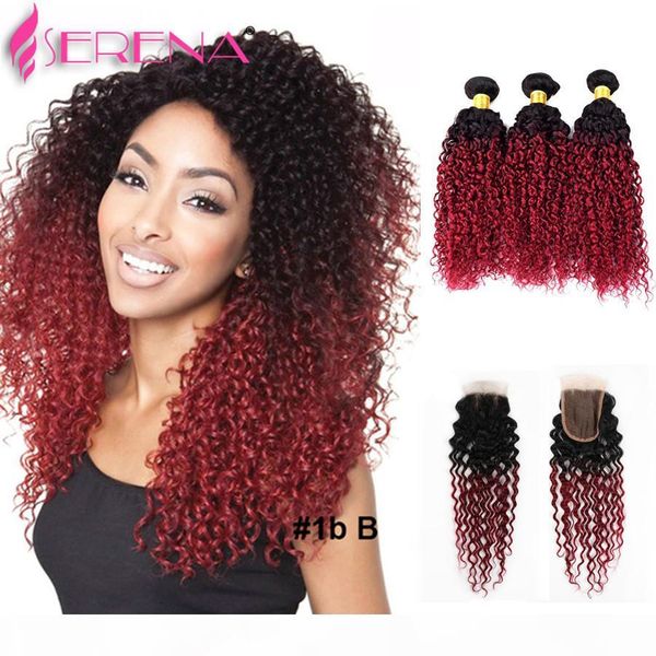 

ombre kinky curly hair human hair bundles with closure ombre 3 bundle deals with frontal 1b burgundy brazilian virgin hair with closure, Black;brown