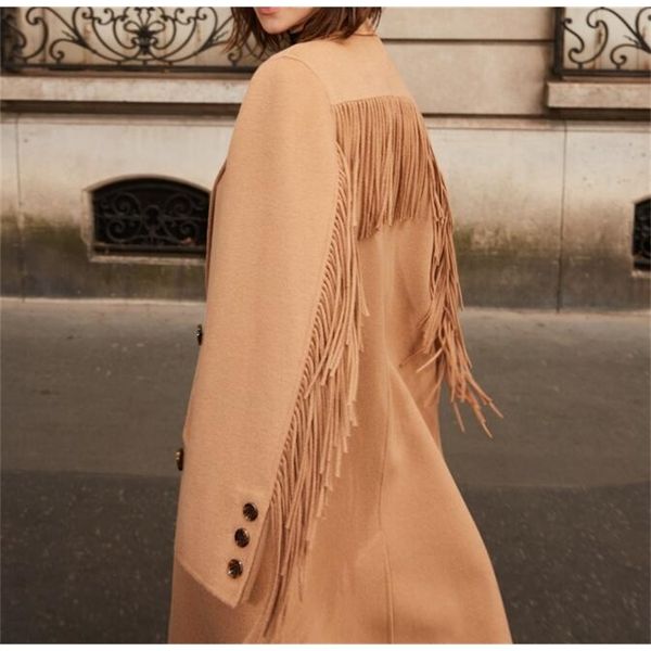 

woman camel color long 100% wool trench coat back long tassels sleeves front double breasted lapel collar fashion coats lj201128, Black
