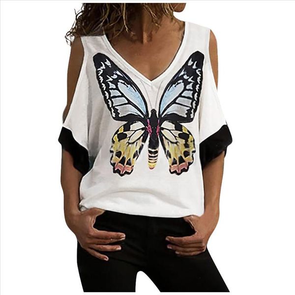 

summer for womens and blouses 2020 tunic butterfly print cold shoulder cross short sleeve tee shirt woman clothes, White