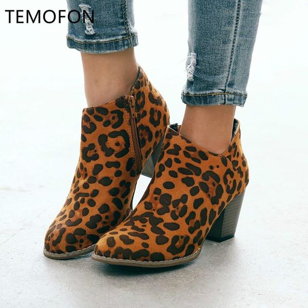 

boots temofon women's 2021 autumn winter ladies shoes pu leather square heel ankle pointed toe leopard black hvt1401