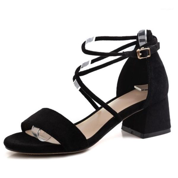 

2021 new superfine fiber summer women sandals square high heel fashion women shoes open-toed buckle shoes big size 34-431, Black