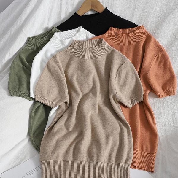 

summer turtleneck knit t-shirt women short sleeve t-shirt slim casual basic vest solid color tee female tshirt women, White