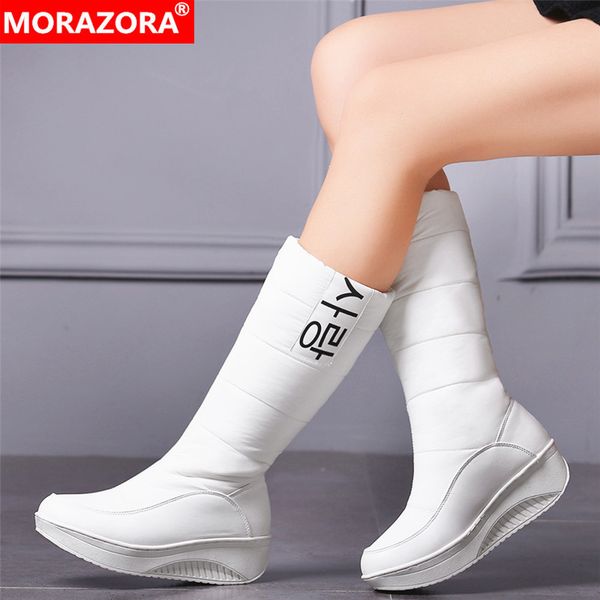 

morazora 3 colors down snow women shoes south korea style platform wedges mid calf female plush winter boots 201124, Black