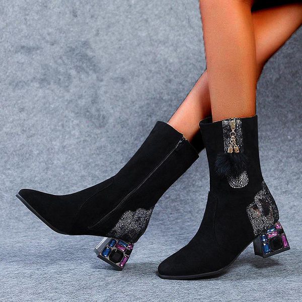

boots women new 2020 shoes winter footwear round toe low rubber ladies mid-calf med high heel mid calf cotton fabric, Black