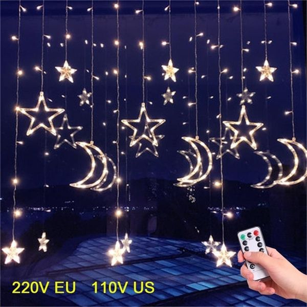 220V Spina di UE 3.5M LED Moon Star Fata Tenda di luce Ghirlanda di Natale Luci della stringa della lampada per la decorazione di nozze di Capodanno Y201020