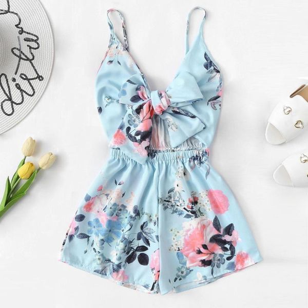 

ostrich jumpsuit women sling v-neck holiday casual sleeveless bow tie front flower print fashion boho loose loose jumpsuit1, Black;white