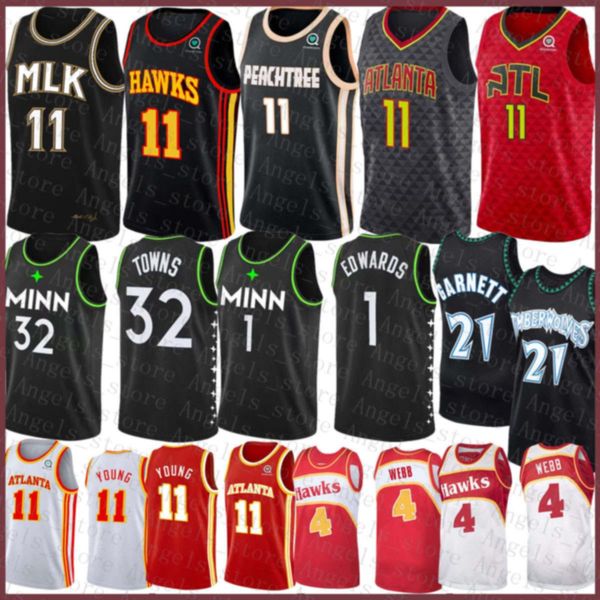 

1 edwards karl-anthony 32 towns 21 garnett trae 11 young spud 4 webb minnesota timberwolves atlanta hawk basketball jersey, Black;red