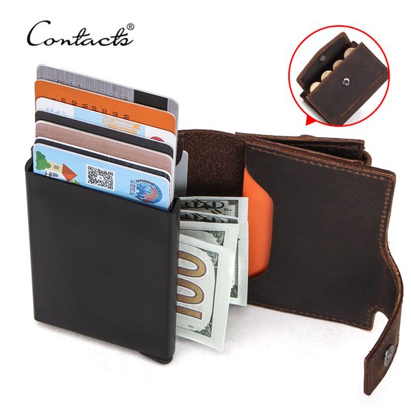 

contact's rfid blocking crazy horse leather coin purse pocket credit card holder aluminium box for men id card case men wallet lj200907, Brown;gray