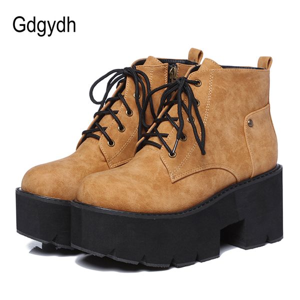 

gdgydh 2021 new spring platform boots woman chunky heel punk gothic boots lace black brown ankle boots women comfortable leather c0202
