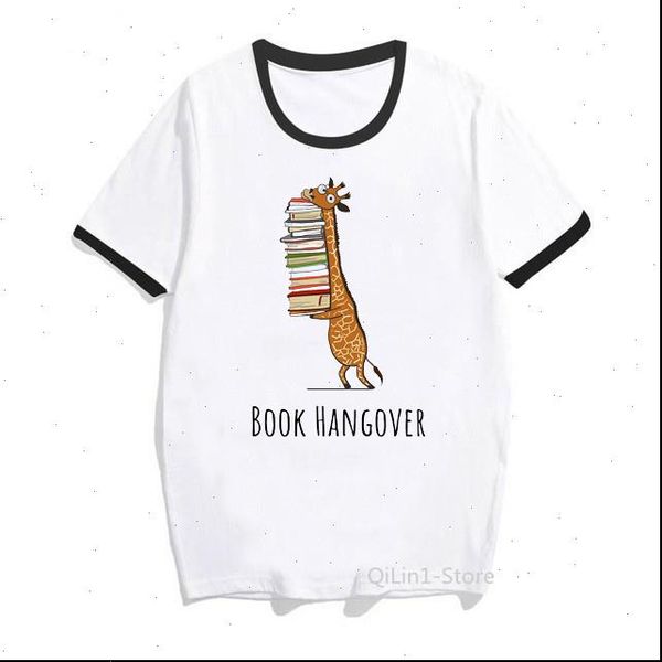 

funny giraffe holding a stack of books print t shirts summer vintage women t shirt kawaii girl casual fashion woman clothes, White