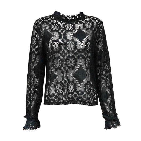 

women's t-shirt design woman's see-through lace shirt long-sleeved stand-collar female tshirts lightweight and slim fit mujer cami, White