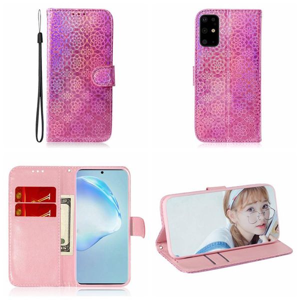 

for galaxy s20 a71 a51 moto g8 plus e6 play lg k40s bling laser flower leather wallet case colorful gradient luxury id flip holder cover