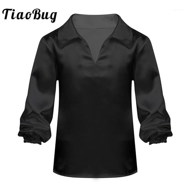 

tiaobug kids teens satin long sleeves black or white ballet jazz latin dance shirt stage performance boys dancewear costume1, Black;red