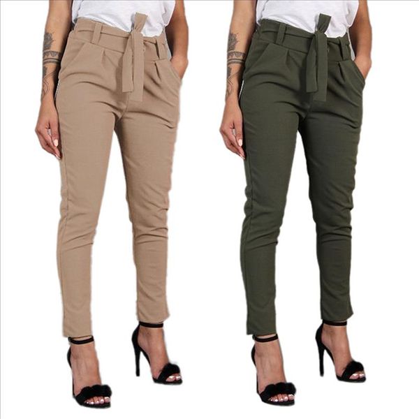 

мода женская высокая талия карандаш брюки офисные дамы твердые шнуры длинные брюки осень весенние моды женские тонкие брюки, Black;white