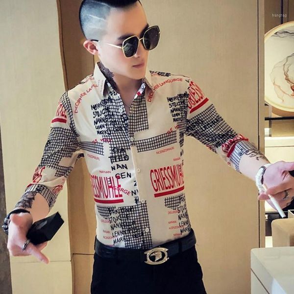 

бренд мода мужские рубашки письмо печать с длинным рукавом повседневная рубашка slim fit night club streetwear социальные мужские одежда che, White;black