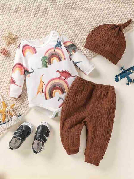 

baby dinosaur print bodysuit & sweatpants with hat she, White