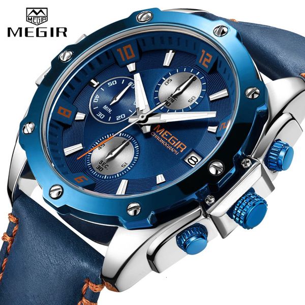 

men's business watch megir men's fashion leather strap sports watch men's waterproof quartz clock chronograph satch calendar, Slivery;brown
