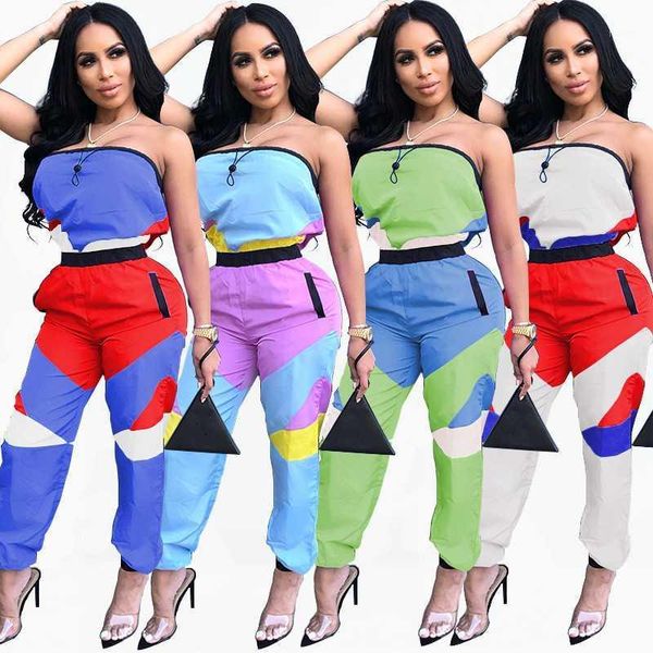

summer patchwork strapless tracksuit 2020 womens jumpsuit rompers pockets zippers print slim overalls combinaison streetwear1, Black;white