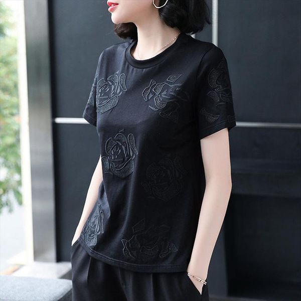 

black shirt women basic tshirt cotton rose embroidery plus size t shirt short sleeve summer ladies casual, White