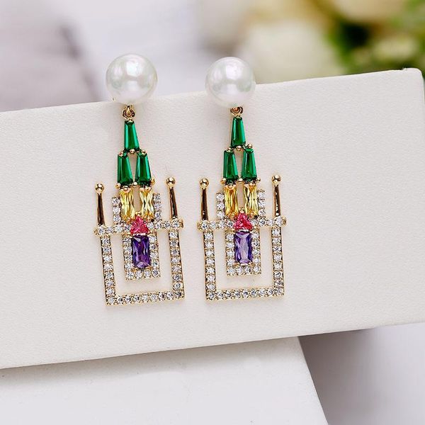 

dangle & chandelier sweet statement pearl castle earrings for women design fashion wedding dangler romantic stud with cz stone, Silver