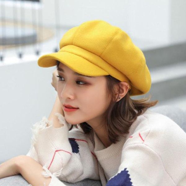 

berets 2021 wool women beret autumn winter octagonal cap hats stylish artist painter sboy caps black grey, Blue;gray