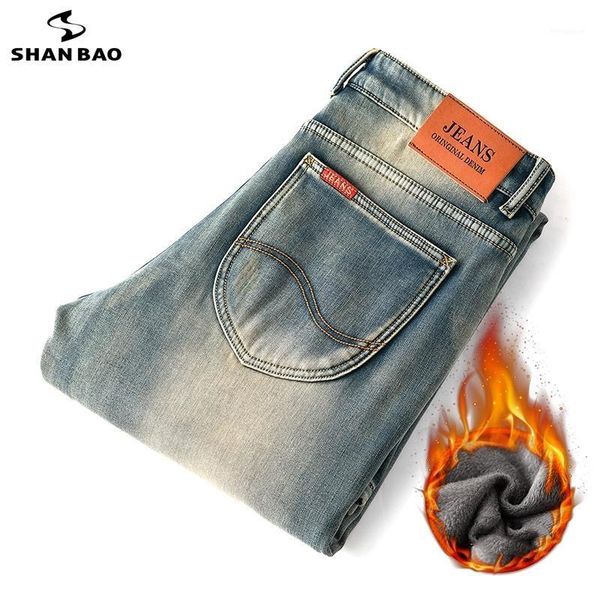 

shan bao men's winter warm jeans fleece thick and warm personality trend retro distressed youth fashion straight denim jeans1, Blue