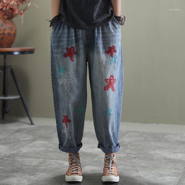 

denim light colour washed cowboy harem pants casual all-match thin embroidery flower trousers vintage retro mom jeans female z21, Blue