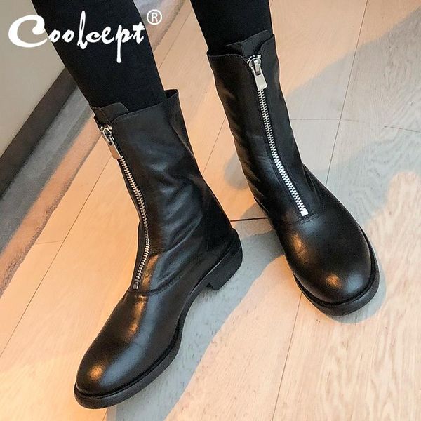 

boots coolcept woman mid calf genuine leather zipper women winter shoes fashion usual short footwear size 34-39, Black