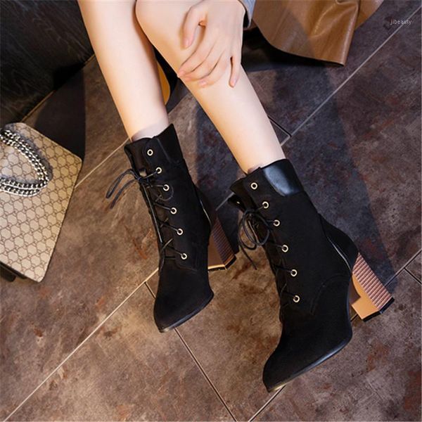 

2020 black winter women boots shoes woman solid zip-up pointed toe high heels female ankle boot cowboy western rubber booties1