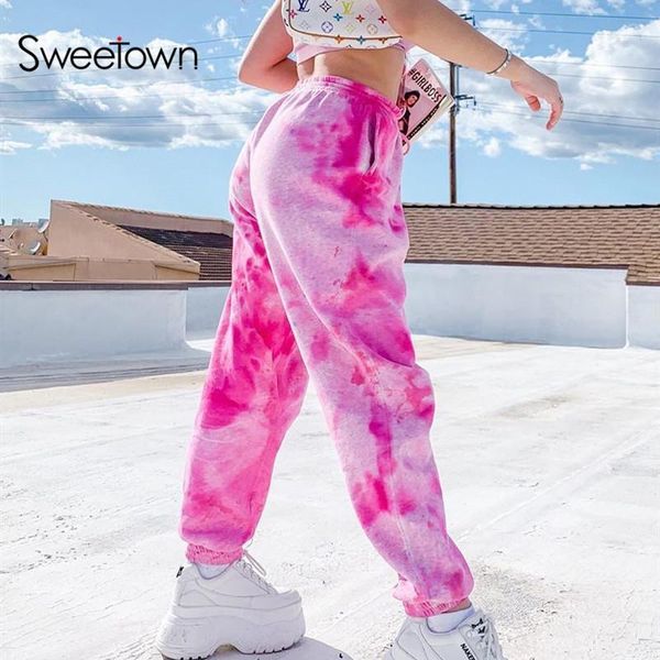 

sweetown pink tie dye print baggy women jogger sweatpants casual loose elastic high waist harem pants female hip hop streetwear1, Black;white