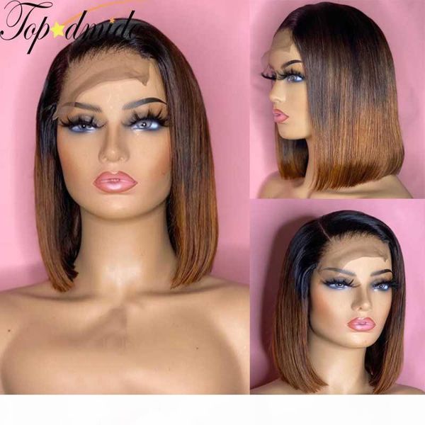 

dmido 13x6 ombre color short bob cut lace front human hair wigs brazilian short remy human hair lace front wigs 180 density, Black;brown